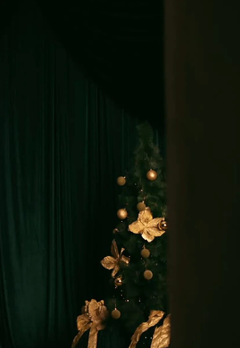 Árvore de Natal parcialmente revelada atrás de cortinas verde-escuras
