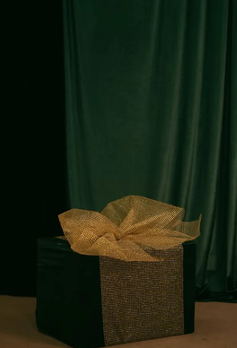Presente de Natal preto com laço dourado diante de tecido verde-escuro